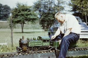 Karl Friedrich steaming his freelance 3.5 inch gauge 0-4-T "UPSY", about 1952. Photo by Ken Scheer.